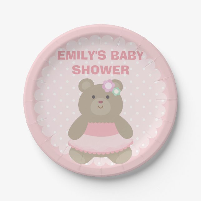 It's a Girl Cute Bear Cub Elegant Pink Baby Shower Paper Plate (Front)