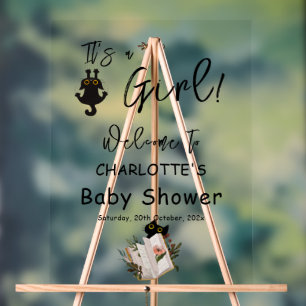 It's a Girl! Cute Black Cat and Book Baby Shower Acrylic Sign