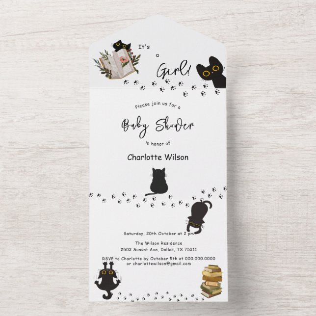 It's a Girl! Cute Black Cat and Book Baby Shower All In One Invitation (Inside)