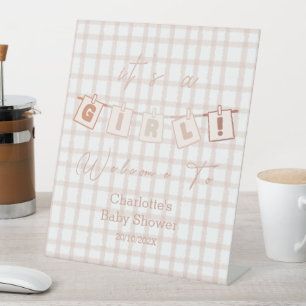 It's a Girl Cute Brown Gingham Baby Shower Welcome Pedestal Sign