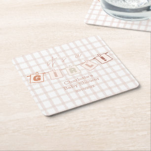 It's a Girl Cute Brown Gingham Notedry Baby Shower Square Paper Coaster