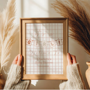 It's a Girl! Cute Brown Gingham Notedry Welcome Poster
