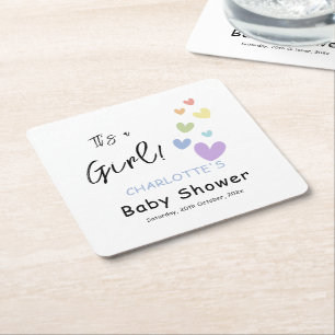 It's a Girl! Cute & Colourful Hearts Baby Shower Square Paper Coaster