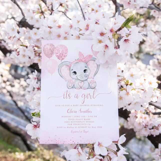 It's a Girl Cute Elephant & Balloon Baby Shower  Invitation (Creator Uploaded)