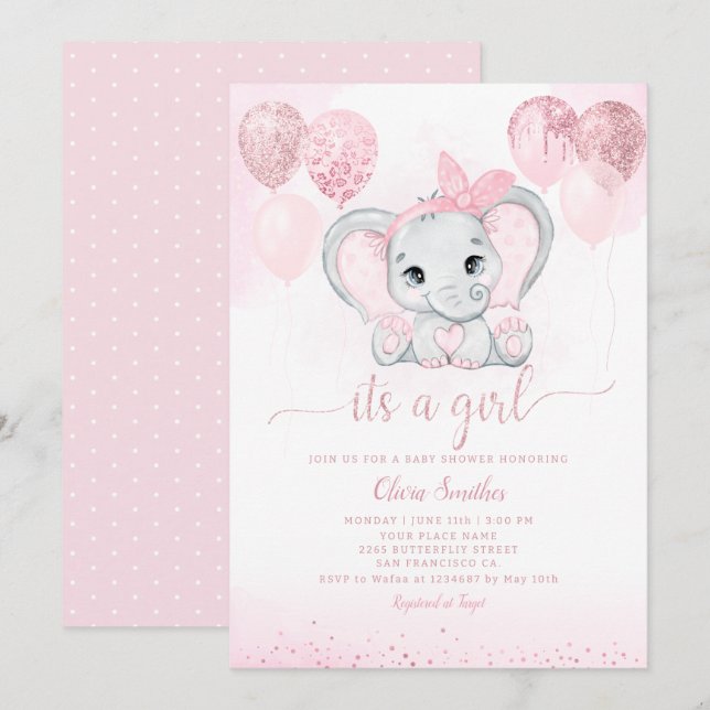 It's a Girl Cute Elephant & Balloon Baby Shower  Invitation (Front/Back)