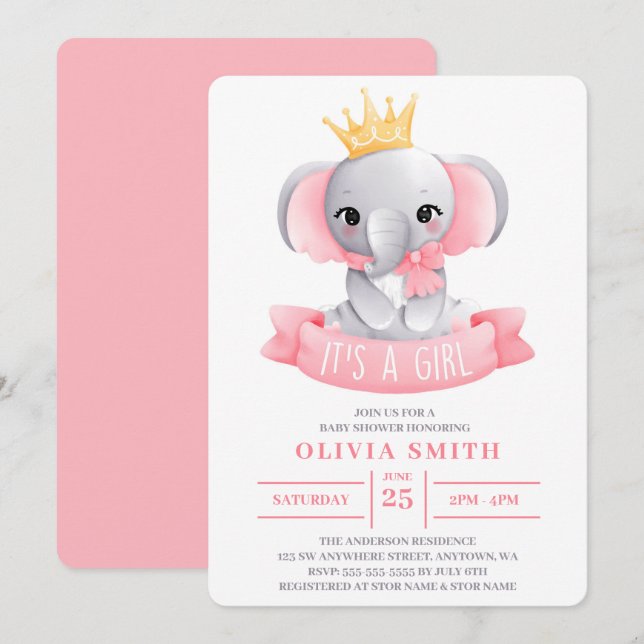 It's a Girl Cute Elephant Watercolor Baby Shower  Invitation (Front/Back)