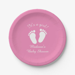 It's a girl cute footprints baby shower party paper plate