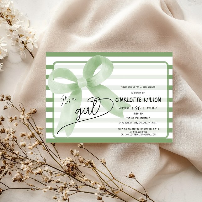 It's a Girl Cute Green Bow Stripes Baby Shower Invitation (Creator Uploaded)