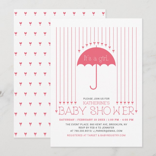 It's a girl | Cute Hearts & Umbrella Baby Shower Invitation (Front/Back)