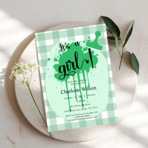 It's a Girl Cute Pastel Green Gingham Baby Shower Invitation
