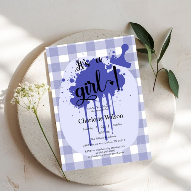 It's a Girl Cute Pastel Navy Gingham Baby Shower Invitation (Creator Uploaded)