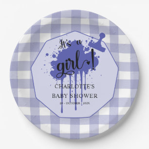 It's a Girl Cute Pastel Navy Gingham Baby Shower Paper Plate
