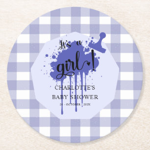 It's a Girl Cute Pastel Navy Gingham Baby Shower Round Paper Coaster
