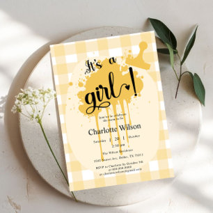 It's a Girl Cute Pastel Orange Gingham Baby Shower Invitation