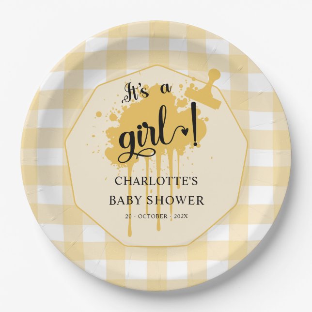 It's a Girl Cute Pastel Orange Gingham Baby Shower Paper Plate (Front)