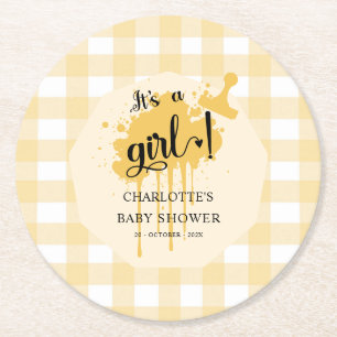 It's a Girl Cute Pastel Orange Gingham Baby Shower Round Paper Coaster