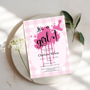 It's a Girl! Cute Pastel Pink Gingham Baby Shower Invitation