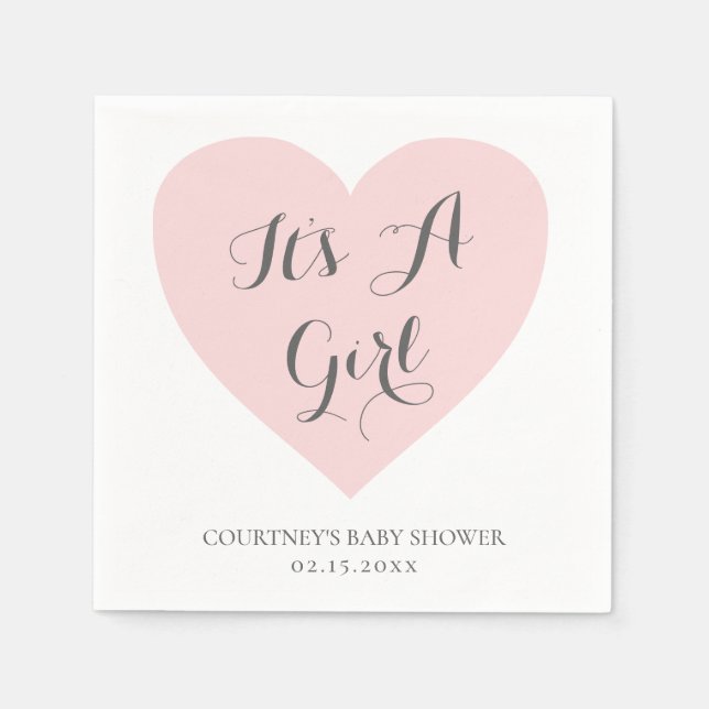 Its A Girl Cute Pastel Pink Heart Baby Shower Napkin (Front)