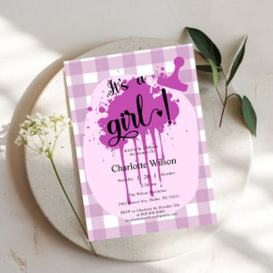 It's a Girl Cute Pastel Purple Gingham Baby Shower Invitation