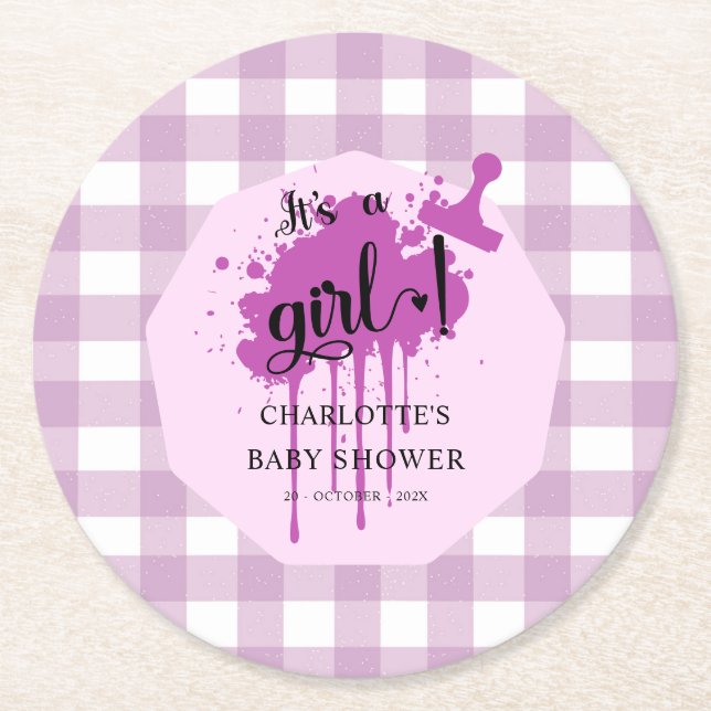 It's a Girl Cute Pastel Purple Gingham Baby Shower Round Paper Coaster (Front)