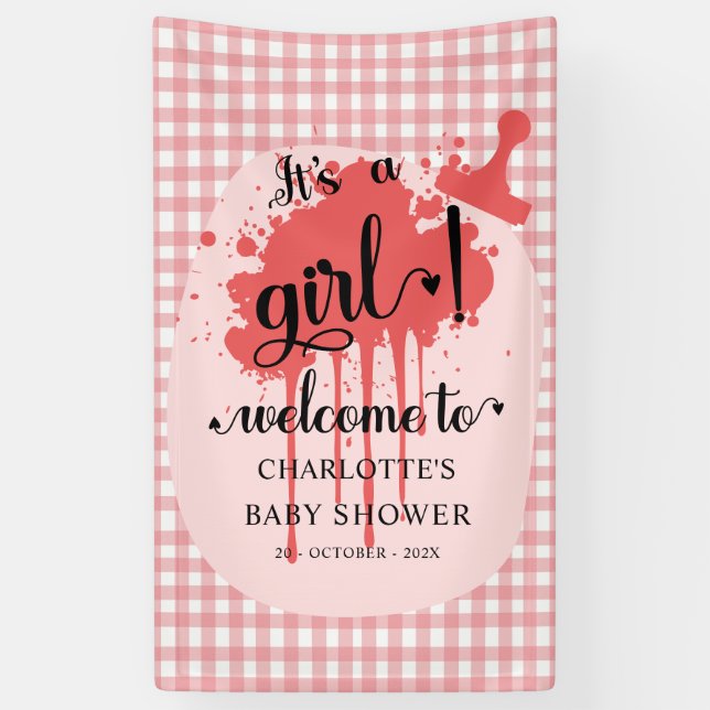 It's a Girl Cute Pastel Red Gingham Baby Shower Banner (Vertical)