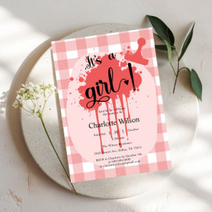 It's a Girl Cute Pastel Red Gingham Baby Shower Invitation