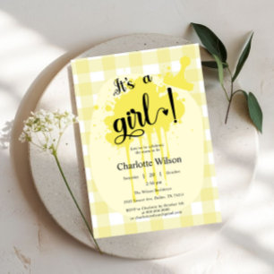 It's a Girl Cute Pastel Yellow Gingham Baby Shower Invitation