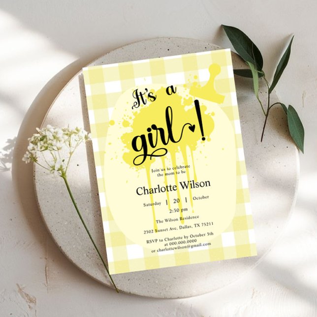 It's a Girl Cute Pastel Yellow Gingham Baby Shower Invitation (Creator Uploaded)