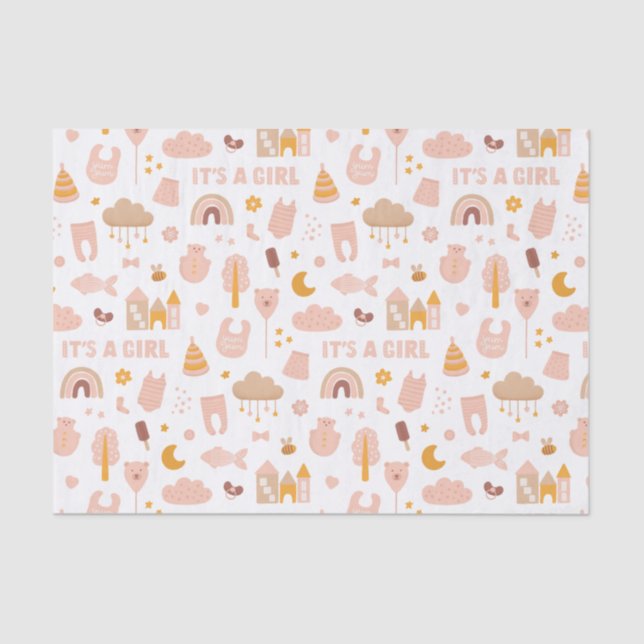 Its a girl. Cute pink toy pattern baby shower Tissue Paper (Front)