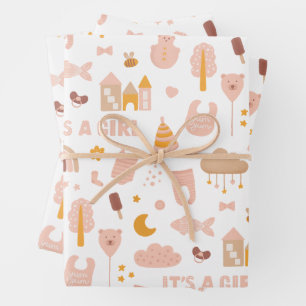Its a girl. Cute pink toy pattern baby shower  Wrapping Paper Sheet