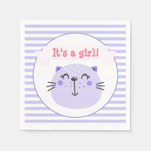 It's a girl   Cute Purple Cat   Baby Shower Napkin