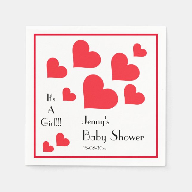 It's A Girl! - Cute Red Hearts Custom Baby Shower Napkin (Front)