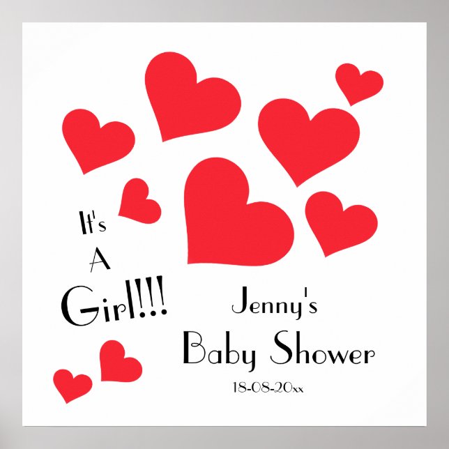 It's A Girl! - Cute Red Hearts Custom Baby Shower Poster (Front)