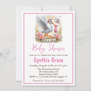 It's a Girl Cute Stork with Baby Girl and Flowers Holiday Card