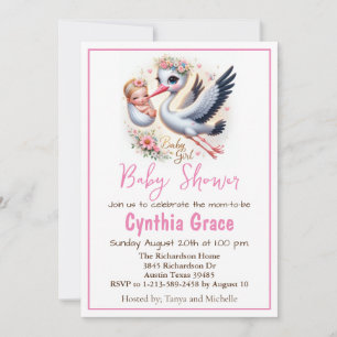 It's a Girl Cute Stork with Baby Girl and Flowers Holiday Card