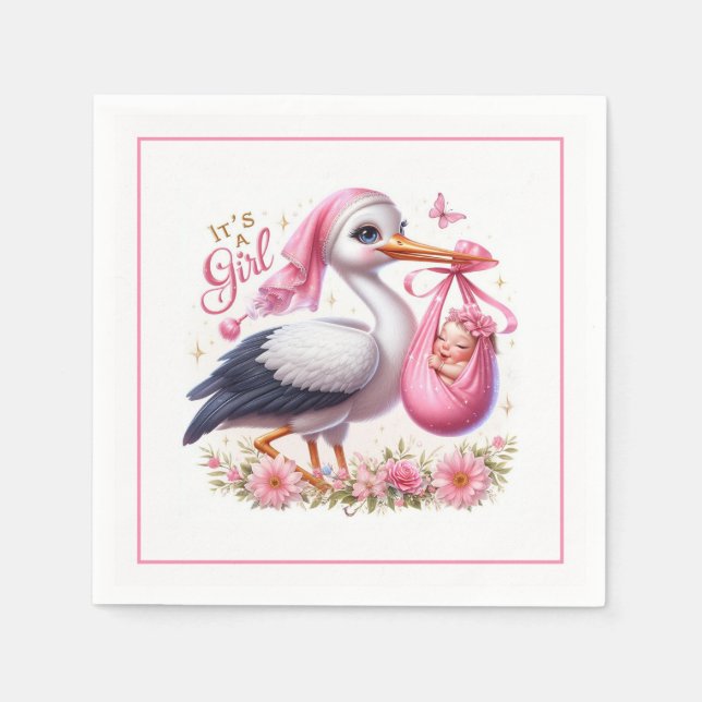 It's a Girl Cute Stork with Baby Girl and Flowers Napkin (Front)