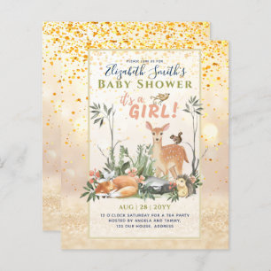 Its a GIRL! Cute Woodland Baby Animals Shower Inv.