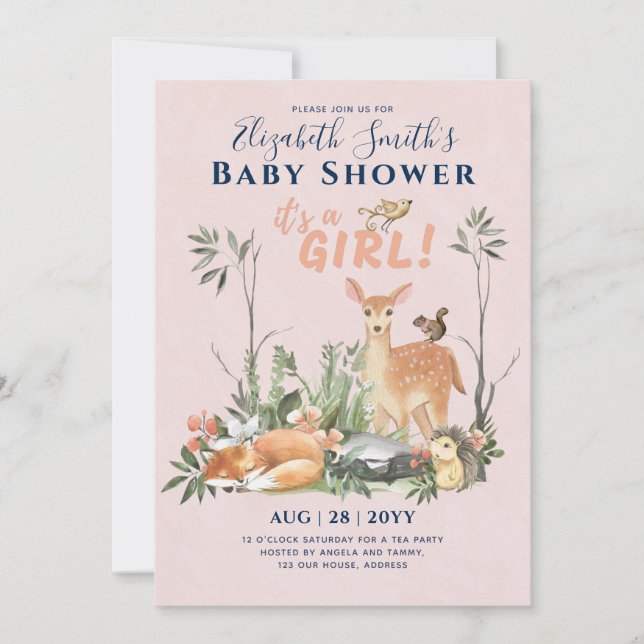 Its a GIRL! Cute Woodland Baby Animals Shower Inv. Invitation (Front)