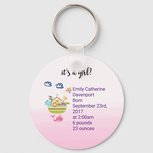 It's A Girl Cute Zoo Animal Ark Birth Announcement Key Ring (Front)
