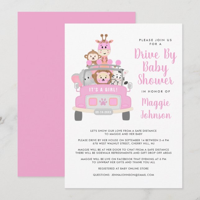 It's a Girl Drive By Safari Pink Baby Shower Invitation (Front/Back)