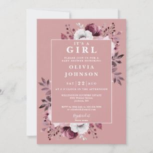 Its A Girl Dusty Rose Elegant Floral Baby Shower Invitation