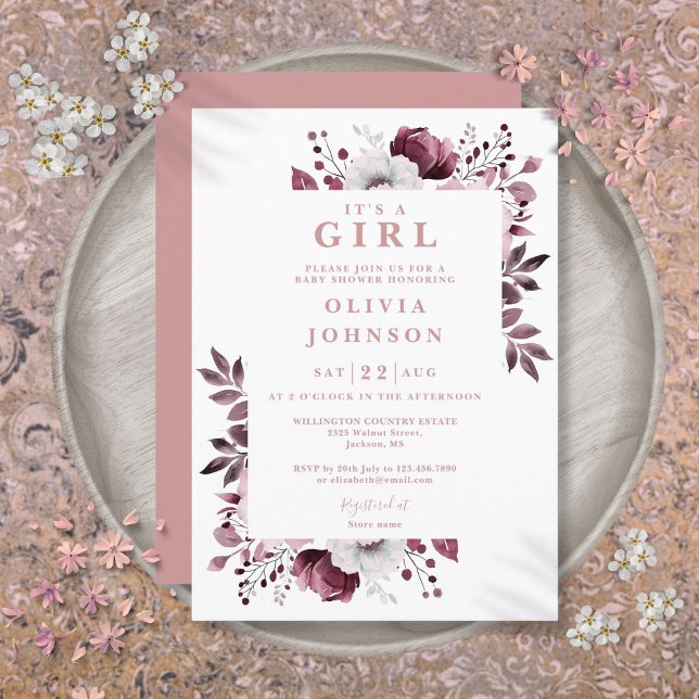 Its A Girl Dusty Rose Elegant Floral Baby Shower Invitation (Its A Girl Dusty Rose Elegant Floral Baby Shower Invitation)