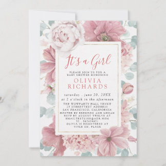 It's A Girl Dusty Rose Floral Cute Baby Shower Invitation