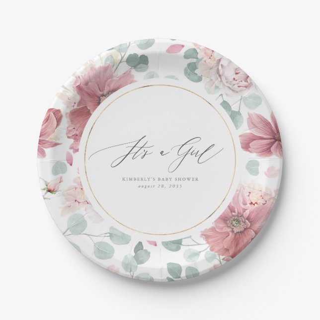 It's A Girl Dusty Rose Floral Elegant Baby Shower Paper Plate (Front)