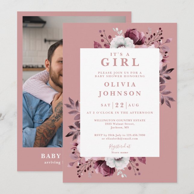 Its A Girl Dusty Rose Floral Photo Baby Shower Invitation (Front/Back)