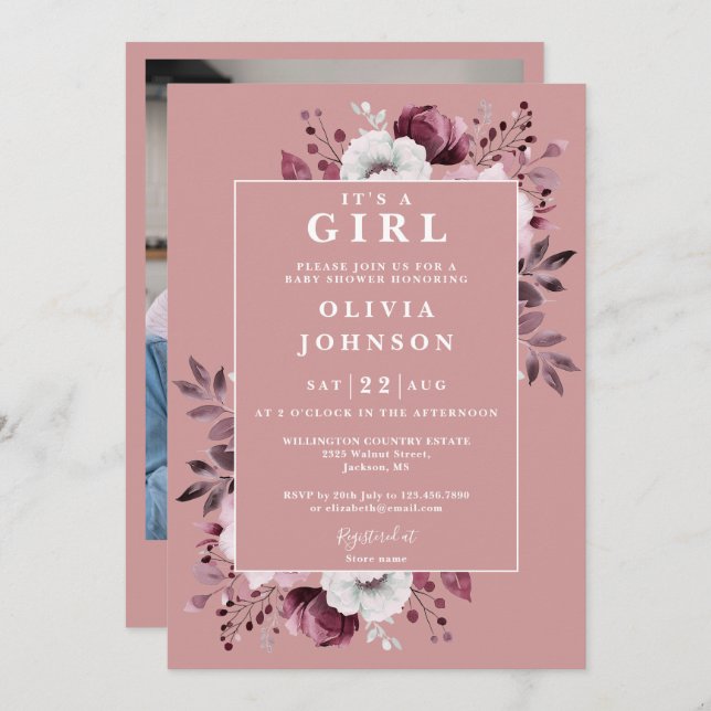 Its A Girl Dusty Rose Floral Photo Baby Shower Invitation (Front/Back)
