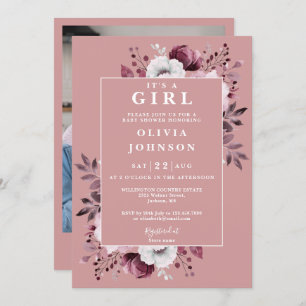 Its A Girl Dusty Rose Floral Photo Baby Shower Invitation