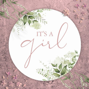 Its A Girl Dusty Rose Greenery Baby Shower Favour Classic Round Sticker