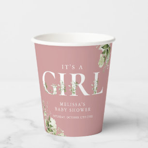 Its A Girl Dusty Rose Pink Greenery Baby Shower Paper Cups