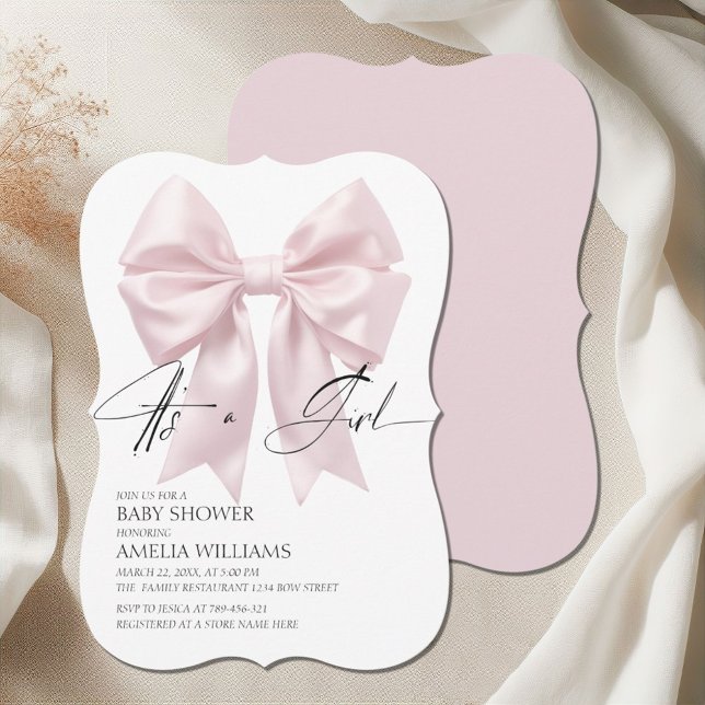 Its A Girl Elegant Soft Pink Bow Baby Shower Invitation (Creator Uploaded)